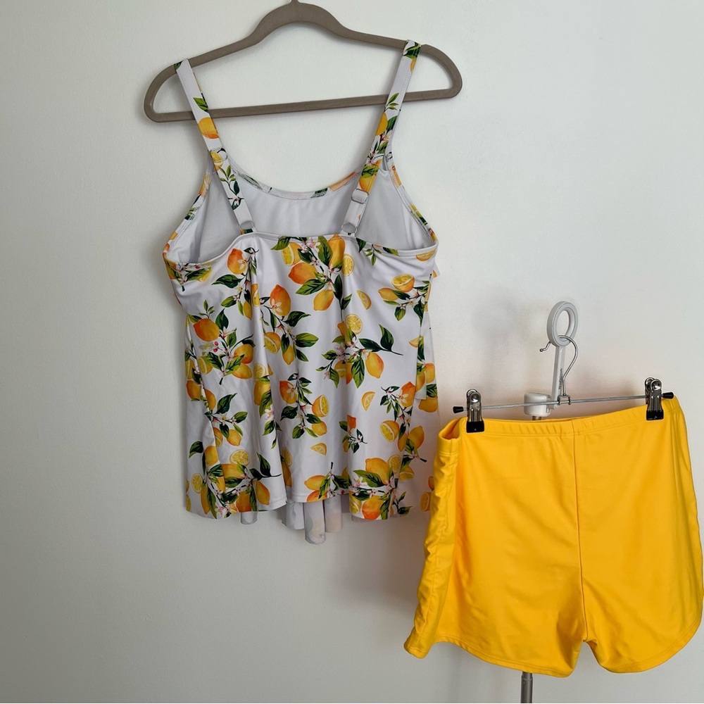 Swimsuit Lemon Print Tankini with Yellow Shorts Summer, Ruffles, Adjustable - Picture 3 of 14
